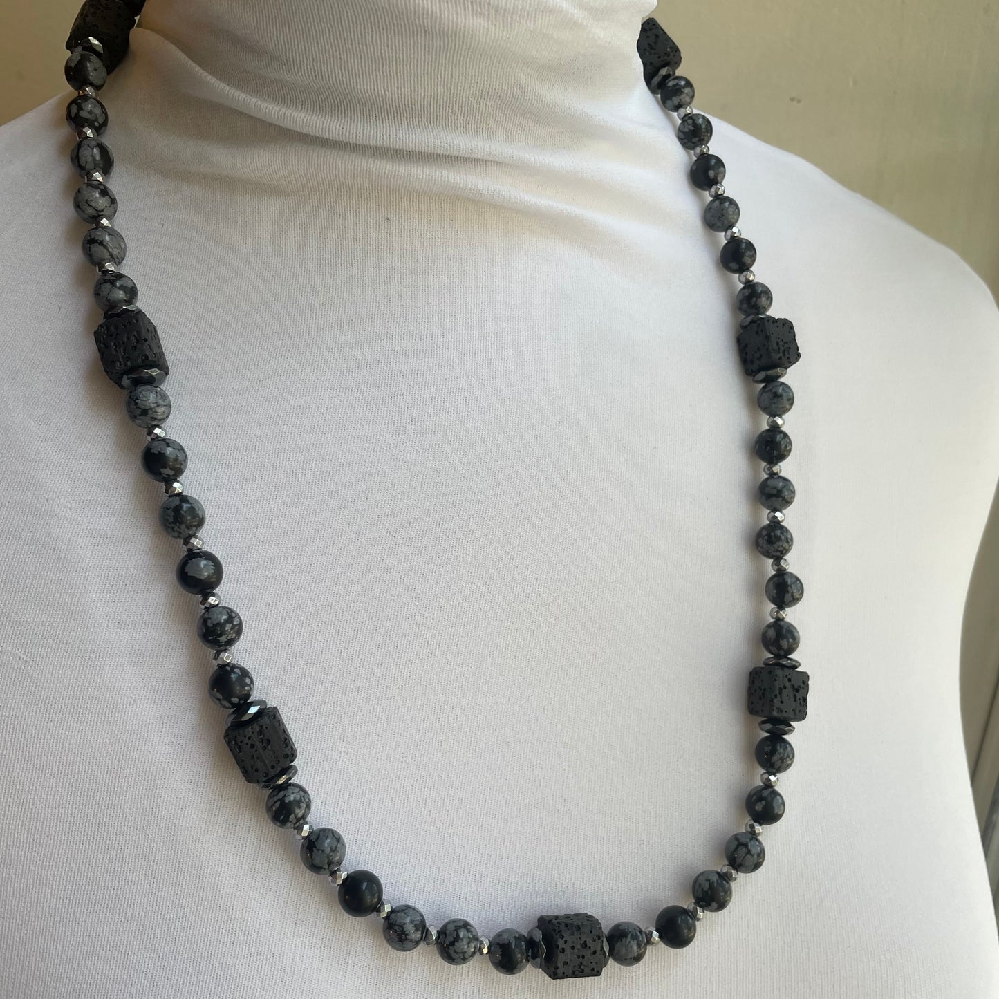 Snowflake Obsidian and Lava Stone 24 inch