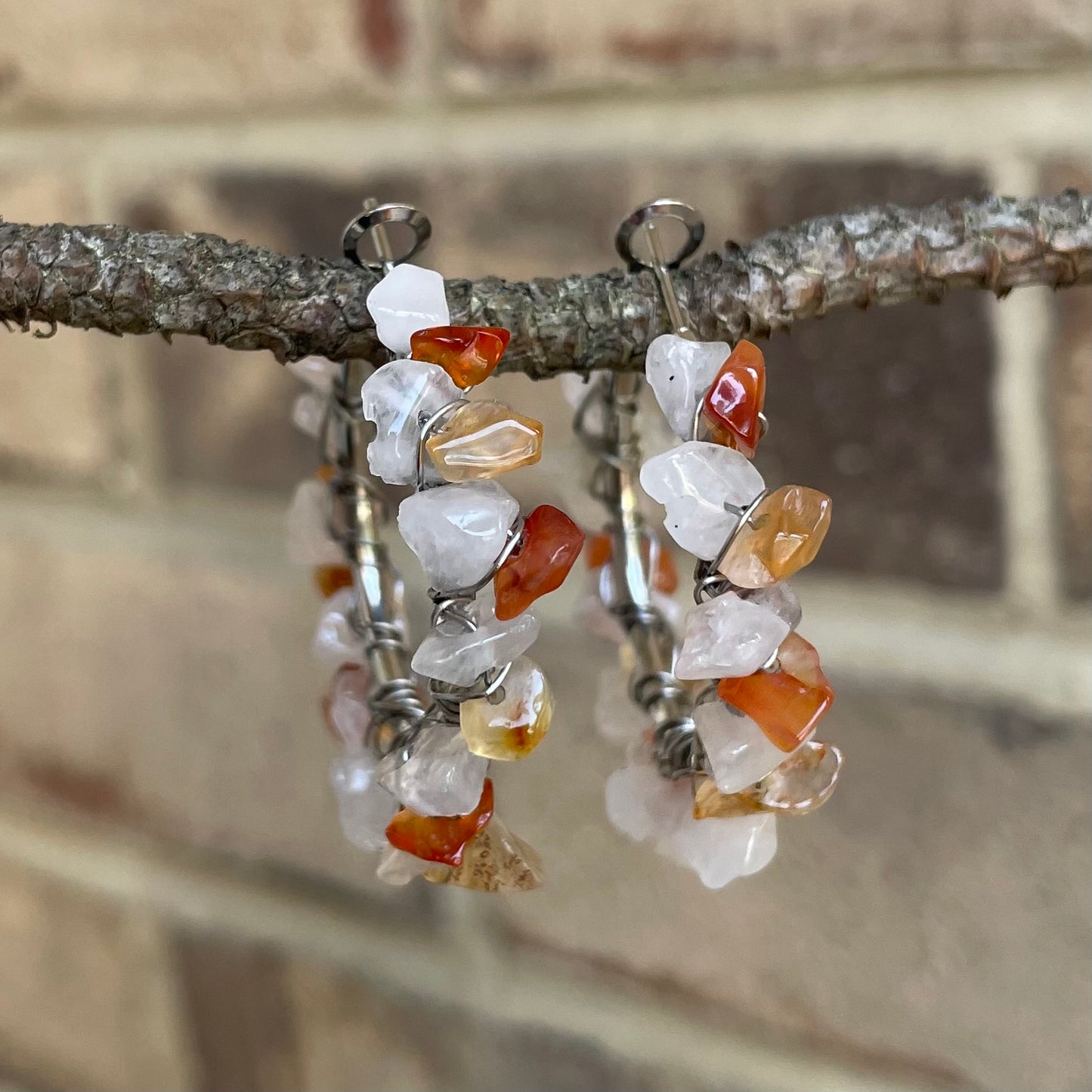 Carnelian and Rose Quartz chip hoops