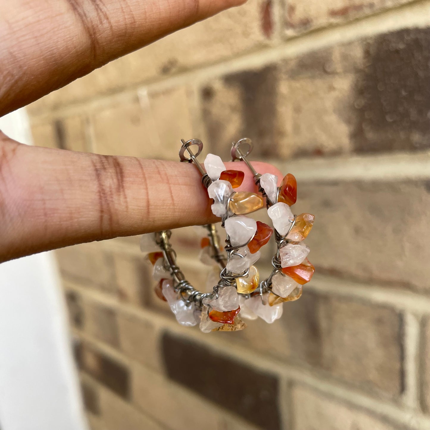 Carnelian and Rose Quartz chip hoops
