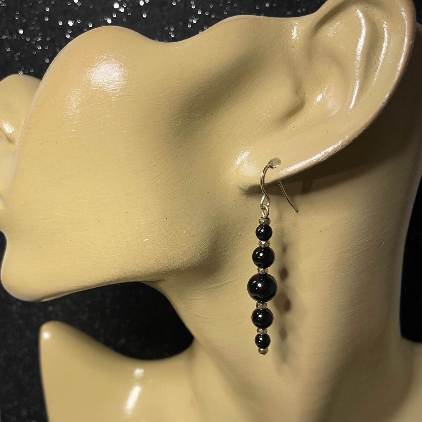 Black onyx and gold (pyrite hematite) accents dangles