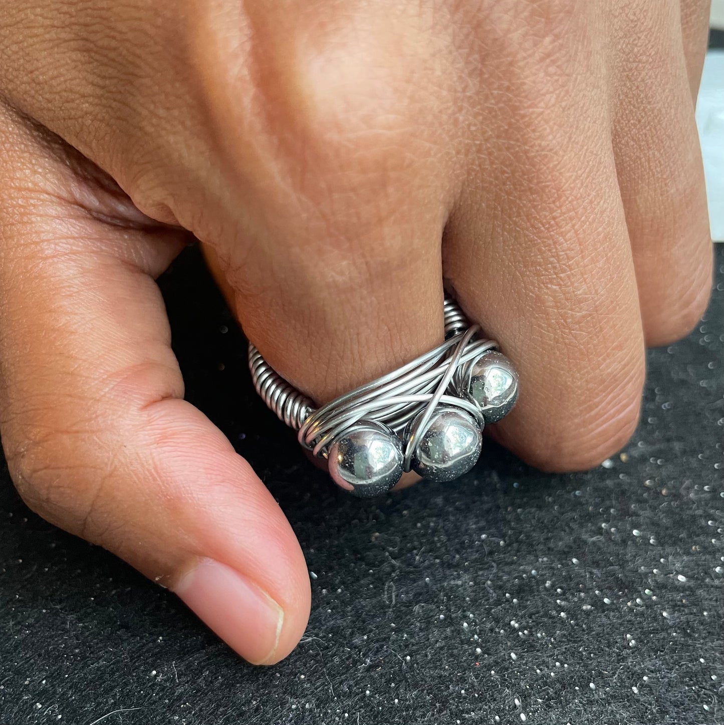 Titanium Hematite Three Beaded Ring