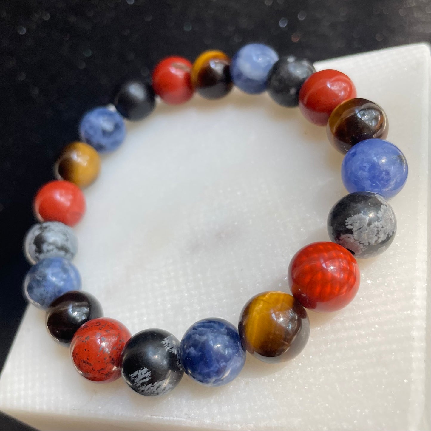 Sodalite, Tiger's Eye, Snowflake Obsidian, Red Jasper 10mm