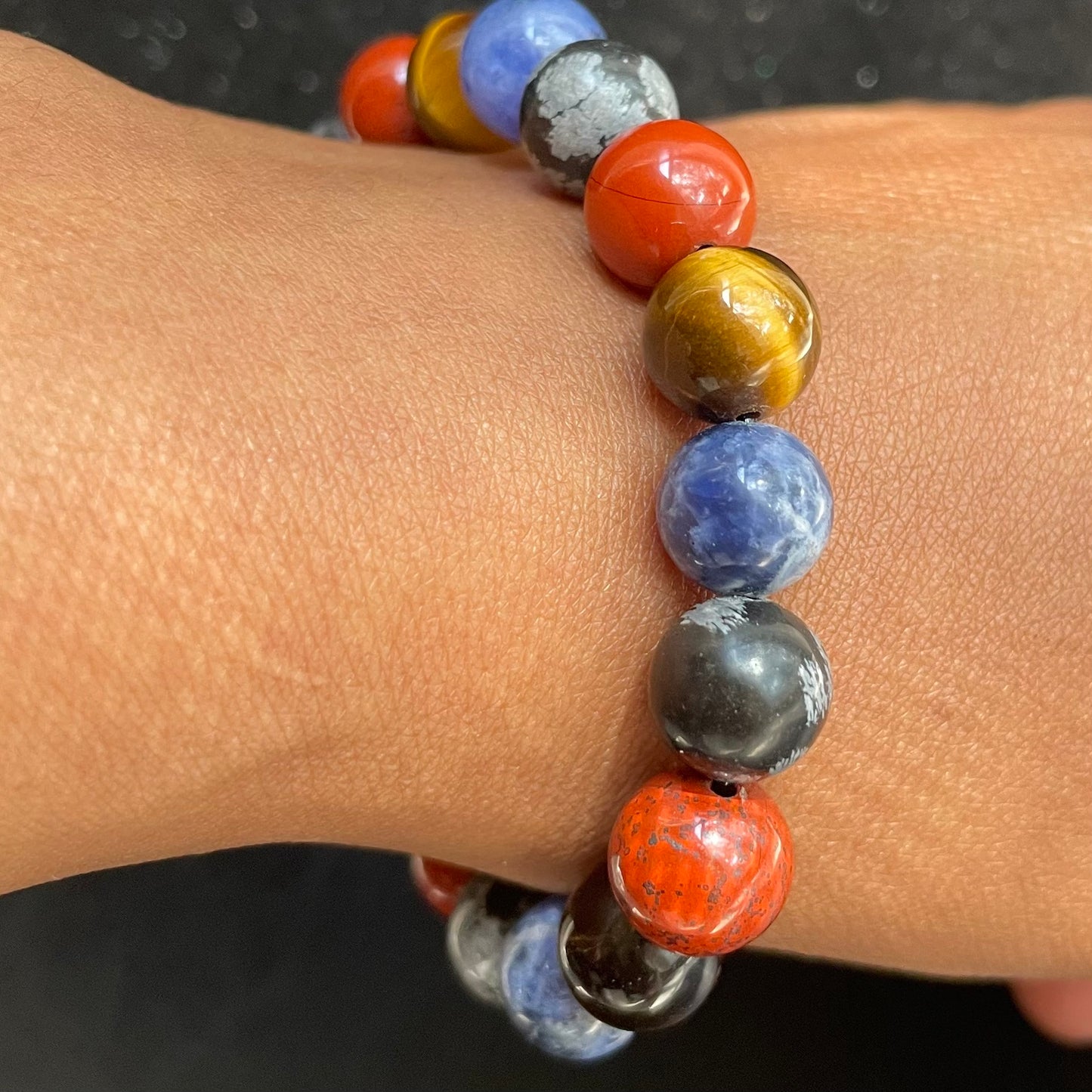 Sodalite, Tiger's Eye, Snowflake Obsidian, Red Jasper 10mm