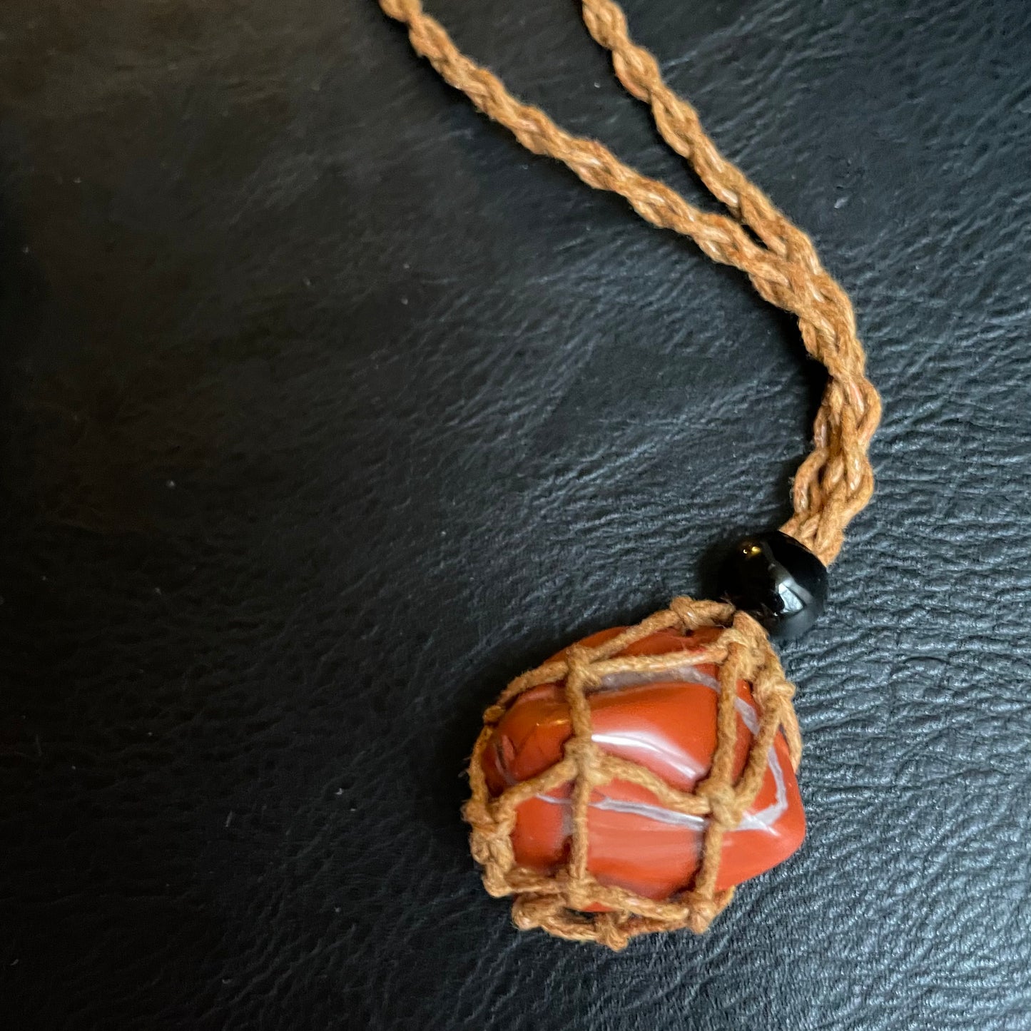 Red Jasper and Tan Rope Necklace