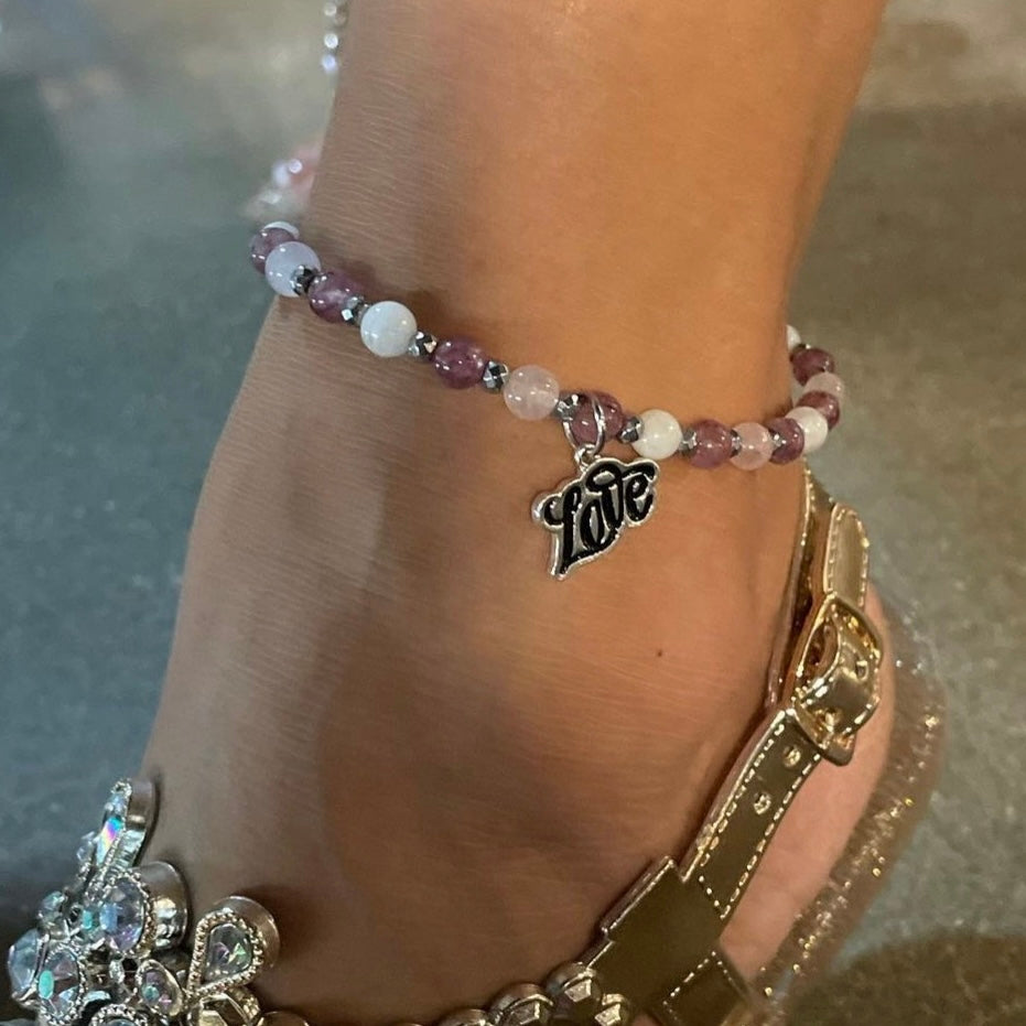Lepidolite, Moonstone and Rose Quartz Anklet