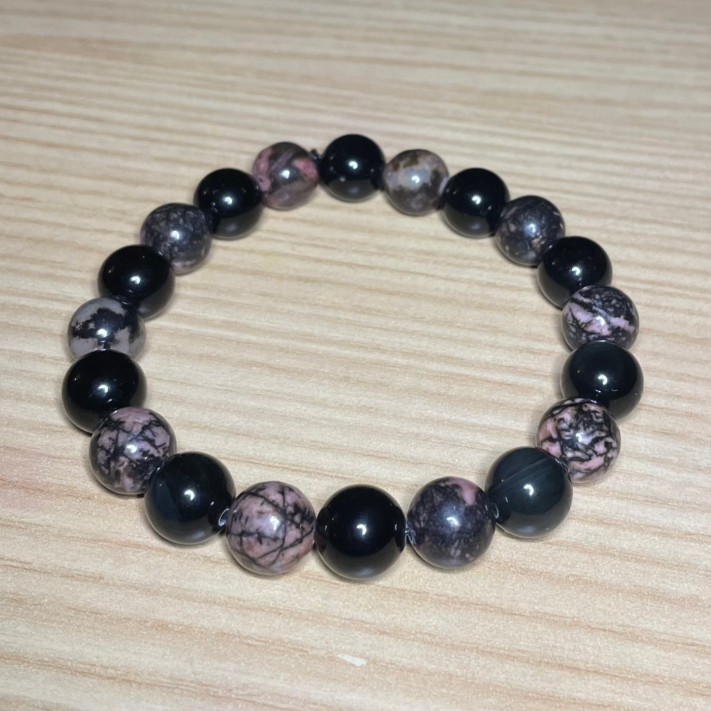 Black Striped Rhodochrosite and Obsidian 10mm