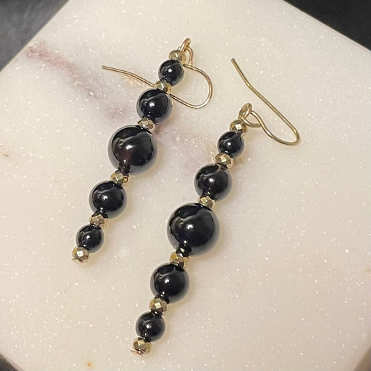 Black onyx and gold (pyrite hematite) accents dangles