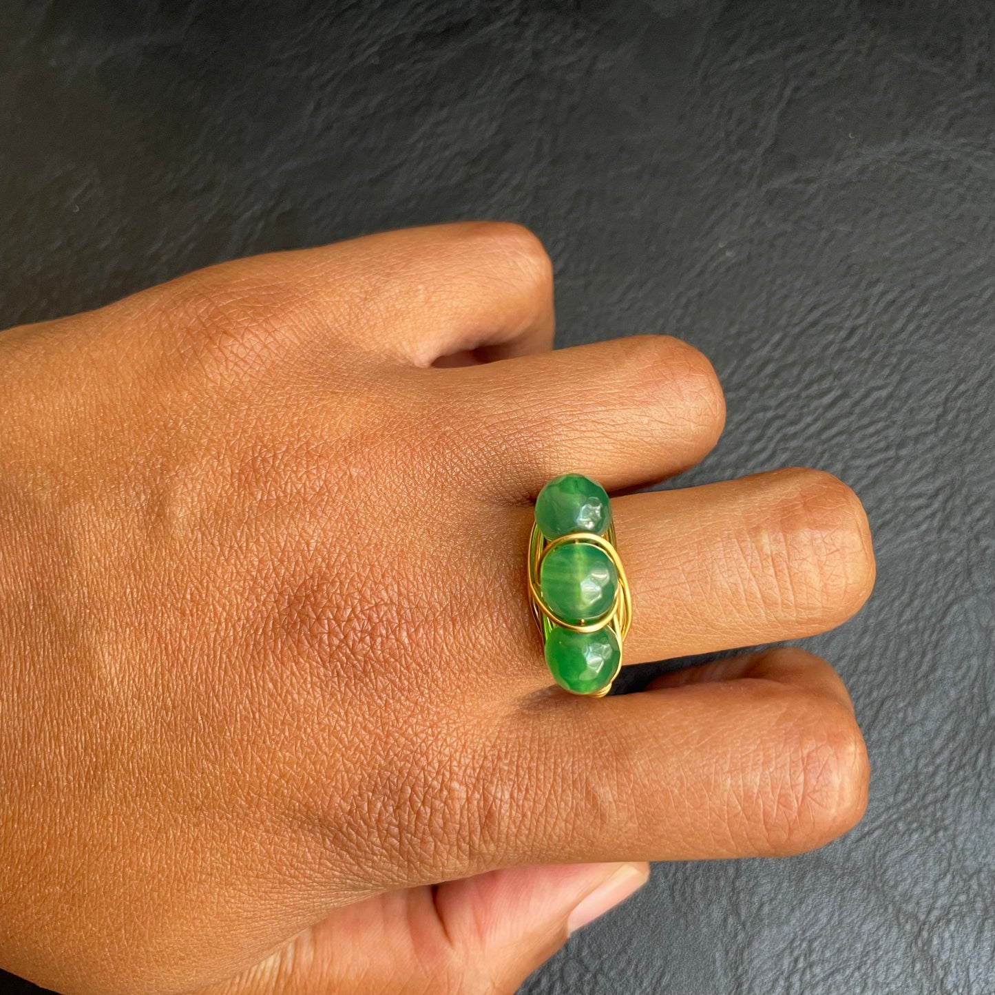Green Agate Three Beaded Ring 8mm